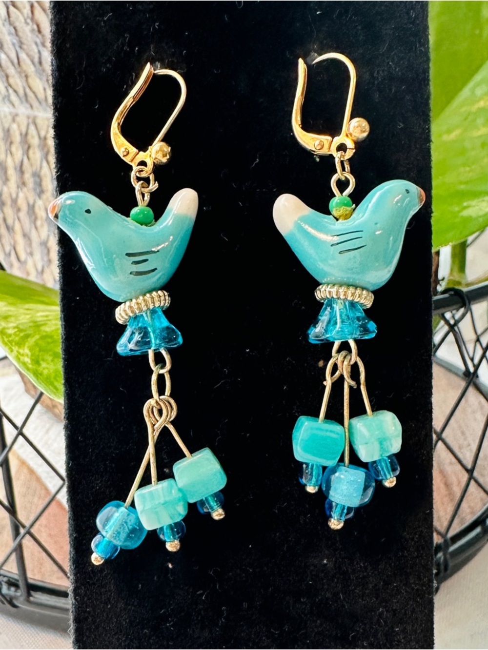 Blue Bird Dangle Earrings - Turquoise and Aqua Beads. R&R Designs